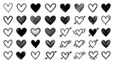 Set of hand drawn heart shapes and romantic love icons in black ink sketch style for wedding and valentines day design elements