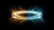© Shova - Glowing metallic ring with orange and blue energy aura isolated on a dark black background
