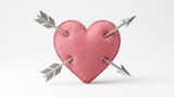 Pink fabric heart shape pierced by two metal arrows symbol of love romance and passion isolated on white background isolated on white background