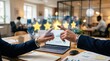© Morgan - Business partners celebrating five star rating success, touching glowing stars hologram over laptop, teamwork achievement and excellent customer service quality in bright office