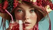 © Generative AI - Close up portrait of a young woman with freckles wearing a fruit-adorned hat and drinking a refreshing beverage