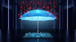 © narak0rn - Artificial intelligence protects healthcare diagnostics from digital virus threats under glowing umbrella in futuristic setting