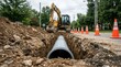 © SunSpirit - Workers install large pipe in dug trench on suburban street with excavator and orange cones.