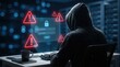 © Ronnayut - Online cybercrime and digital security threat concept featuring a hacker in hoodie with login interface and warning signs on a dark background.