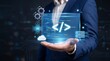 © Sadia - Businessman holding holographic ai technology interface with coding symbols with businessman blue suit development innovation computing hologram