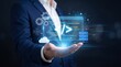 © Sadia - Businessman holding futuristic holographic technology interface with coding symbols with businessman blue suit glowing holographic machine learning