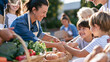© CreativeArt - Happy children receiving food from smiling volunteers at a community donation event, showing support and kindness
