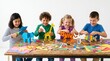 © Ednardo - Creative Kids Crafting Session: Four young children enthusiastically engage in a hands-on art project, surrounded by colorful paper, craft supplies, and various animal creations.