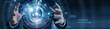 © FutureLogic Studio - Service quality. Support manager holding glowing customer satisfaction ratings over a global network on an abstract dark background. User feedback and experience.