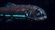 © VectorEngraveHalfton - Bioluminescent Deep Sea Viperfish Predator with Sharp Teeth in Dark Ocean Water
