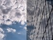 © Sergei - Abstract photo with a split composition showing a cloudy blue sky on one side and a modern glass skyscraper facade reflecting clouds on the other.