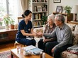 © mdnazirhossain - Friendly young nurse checking the pulse of an elderly senior couple sitting together on a comfortable sofa in their bright and cozy home living room