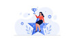 © Tirta - Woman sitting on star holding trophy, symbolizing achievement, success, and winning, with medal and leaves.