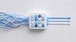 © AI Image Studio - Tangled blue wires entering a square button panel and exiting as straight organized arrows. Concept of data processing automation, complex system integration, and digital workflow management.