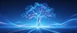 © wilson - Glowing blue digital tree made of connected glowing light particles and wavy light lines on dark background represents abstract tech concept of digital growth and future energy