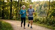 © Tiaga - Retirement, couple and running fitness health for body and heart wellness with natural ageing. Married, mature and senior people enjoy nature run together for cardiovascular vitality workout.