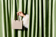 © VISTA by Westend61 - Female hand holds a gift bag through a green velvet curtain indoors