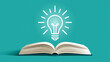 © Neon Stock - An open book with a glowing lightbulb above it on a teal background. Knowledge and education concept for creative.