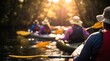 © Rifqi - Group of outdoor kayaking enthusiasts showcasing calm river paddling, warm sunset backlighting and protective safety gear, representing active eco tourism and nature exploration
