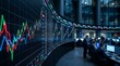 © Pixels Stock - Financial trading floor with large curved screen displaying stock market charts and graphs with traders working at desks in modern office environment.