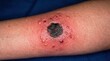 © qian - Severe skin lesion with black necrotic center and blisters on human arm