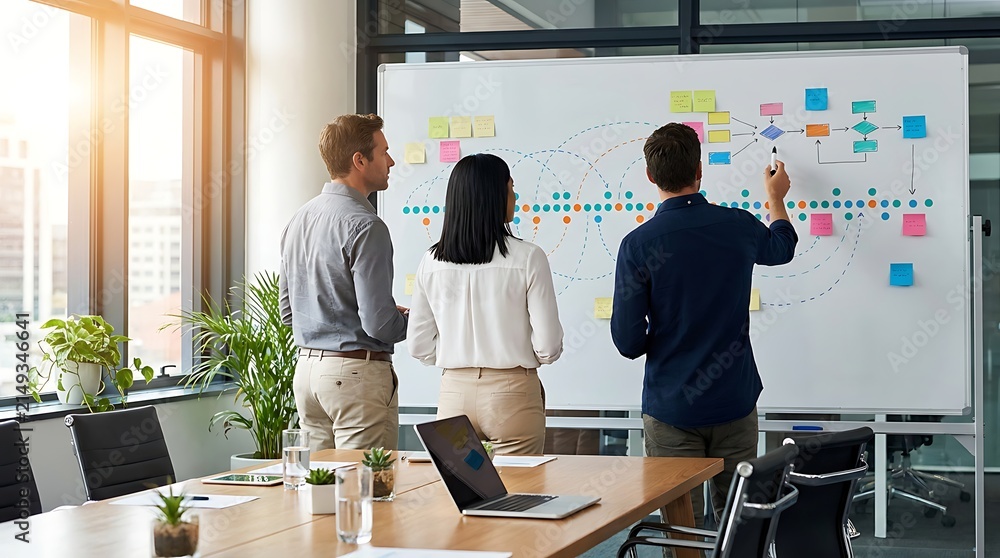 Business team collaborating on complex strategic process map with ...
