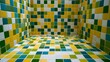 © Thares2020 - Colorful mosaic tile walls and floor create a vibrant  geometric patterned bathroom space with clean lines and bright hues