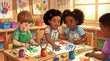 © Joy - Happy diverse children painting and making handprints in art class