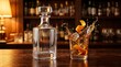 © Love 4 YOU - Crystal whiskey decanter beside a splashing glass of alcohol with orange peel on a wooden bar