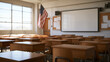 © BlackBridge Media - Empty Classroom Interior with Wooden Desks and American Flag