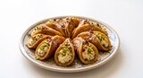 Cream-filled qatayef pancakes topped with crushed pistachios and rose petals on white background.