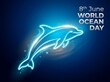 © DesingMix - Glowing neon dolphin illustration for world ocean day celebration event poster design