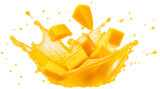 A juice splash and mango pieces isolated on transparent background