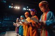 © Fahroni - Young East Asian children in theatrical makeup and colorful period costumes rehearsing drama scene on stage holding scripts, perfect for performing arts and youth development concept.