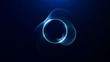 © Vooper - Blue neon ring with transparent fluid swirl on dark background, futuristic abstract energy portal for tech design.