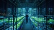 © jasminumsambac - Futuristic indoor vertical farming facility with a technician inspecting hydroponic lettuce under blue LED lights