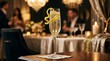 © Helen - A tall champagne flute with lemon twist sits on a table during a fancy dinner.