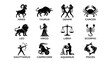 © Alii - Twelve black zodiac signs icons depicting classic astrological symbols on clean white square paper tiles set