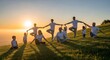 © desi - Multigenerational family practicing yoga exercises together on a grassy hill at sunset for health and wellness harmony