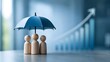© Doel Studio - Wooden figures under a blue umbrella with upward growth chart symbolizing family life and financial protection