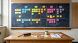 © Jun Kiky - School Classroom Desk in Front of Blackboard with Colorful Sticky Notes