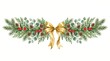 © RUMA - Watercolor christmas garland with pine branches, pinecones, red berries, and a golden bow isolated on white background