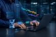 © Khushi - Project Manager Using Laptop With Interactive Timeline Dashboard, Color Coded Task Bars, Milestones, Workflow Dependencies, Checklist and Hourglass Icons for Digital Planning and Scheduling Management