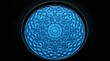 © Nawab - Cymatic water ripples in blue light, geometric liquid sound frequency pattern, abstract circular wave vibrations on black background