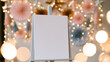© twc - Blank white canvas on an easel stand, with a blurred background of festive lights and paper decorations, ready for artistic creation or message display