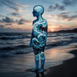 © Ghofur - Person silhouette with ocean waves inside brain.
