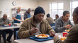 © ChaoticDesignStudio - Homeless men eating hot meals at community soup kitchen. Diverse group of people receiving food assistance and support in social service center.