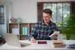 © Tj - Mature man calculating personal finances and managing budget at home office, analyzing bills and documents, planning for retirement and future investments
