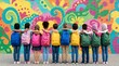 © Design Store - Diverse group of happy elementary school children with backpacks stand together in front of a colorful mural, embracing friendship and school spirit for back to school or educational concepts.