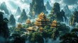 © miss irine - Golden Chinese temple sits in high fantasy mountain landscape among green forests. Waterfalls flow down steep stone cliffs into clouds. Calm zen pagodas stand on misty hills. Ancient religious